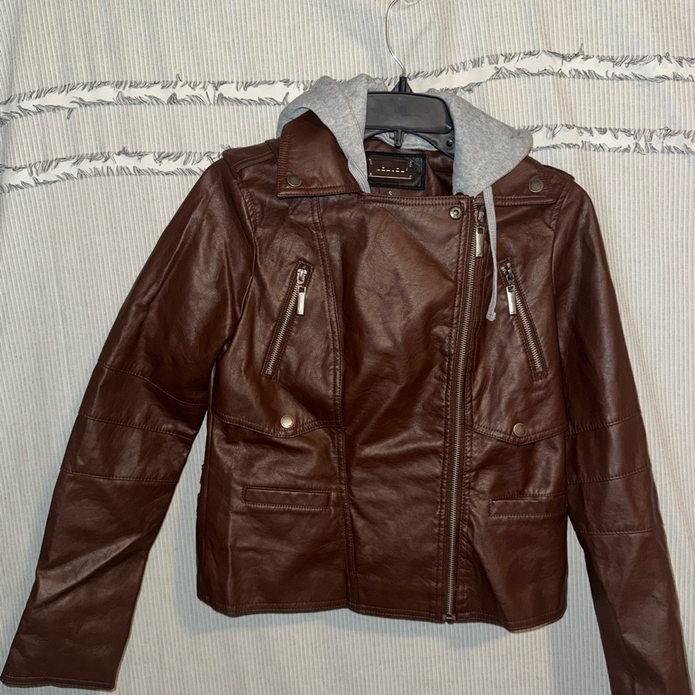 Xhilaration Brown and Gray Leather Jacket with Hood